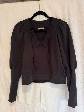 Ulla Johnson Sutton Puff Sleeves V Neck Sweater in Black.
